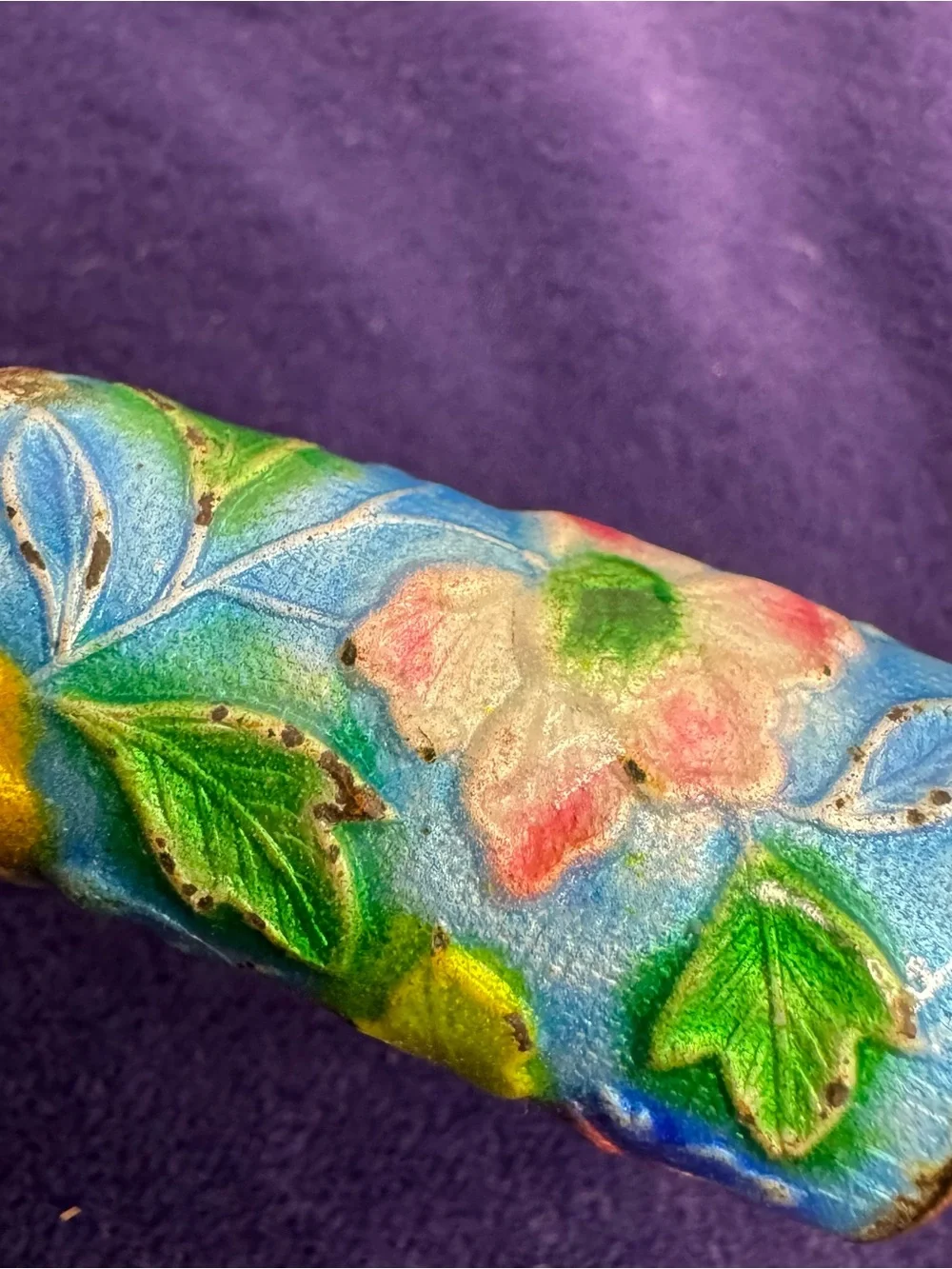 Chinese Vintage Silk Iron Brass Repousse Blue Enamel Floral Detailed Unique